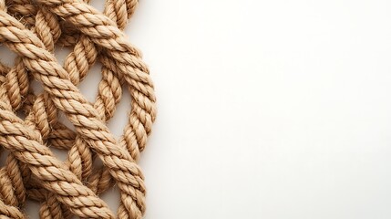 A close-up of a thick, tan rope intricately knotted on a plain white background.