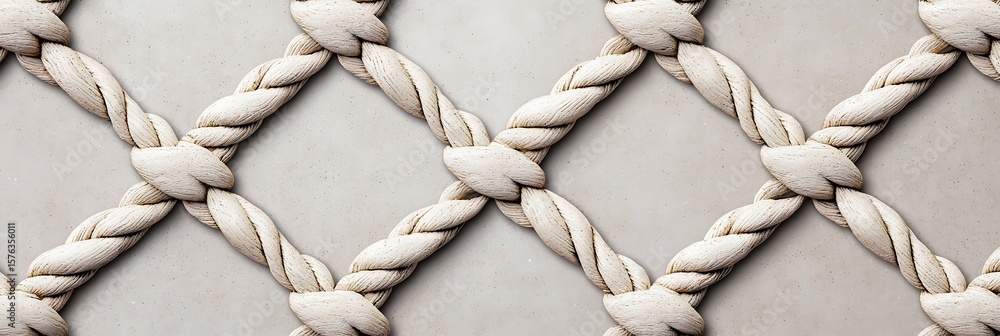 Poster close-up of a beige rope net with multiple knots, creating a diamond pattern against a light backgro