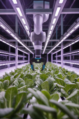 Robotic Arm Harvesting Green Leafy Vegetables in Indoor Vertical Farm Purple Lighting System