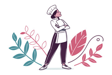 Culinary Confidence: A resolute chef, poised and proud, stands amidst an artful arrangement of botanical elements, embodying culinary excellence and creative inspiration. 