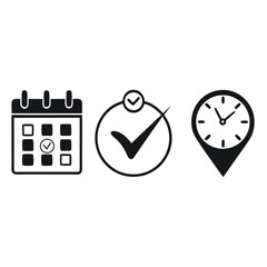 Calendar with checked day checkmark in circle and location pin clock icons