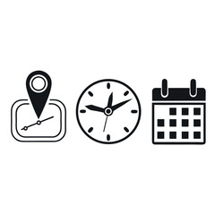 Set of three icons representing location time and calendar for planning and scheduling