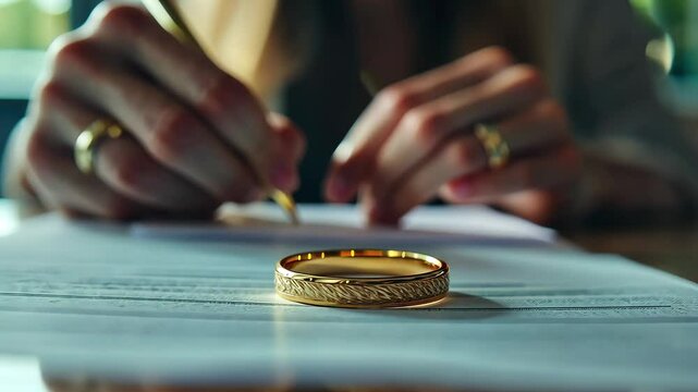Woman removes wedding ring as she contemplates her decision in a quiet room, Woman taking off her wedding ring and leaving the room after signing the divorce papers Cinematic