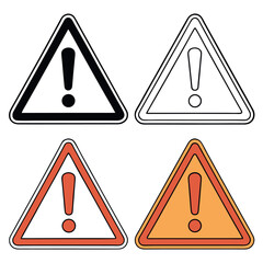 Set of four triangular warning signs with exclamation marks in different styles