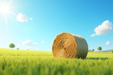Hay bale on grassy field under sunny blue sky, countryside summer scene