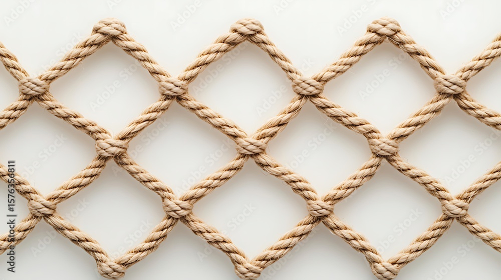 Poster a close-up image of a beige rope net with diamond-shaped patterns against a plain white background.