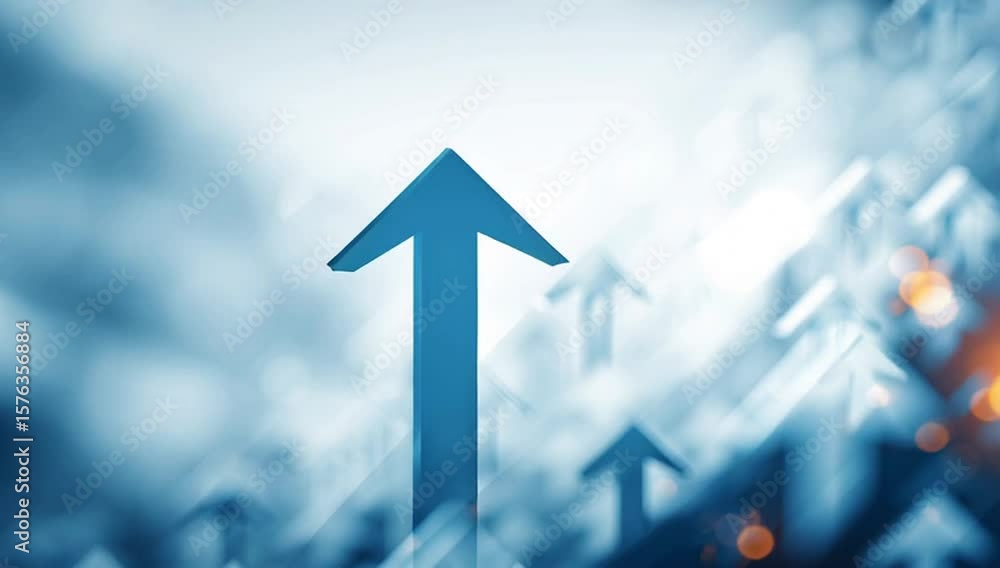 Poster a blue background with an upward-pointing arrow and numerous arrows pointing upwards, representing g