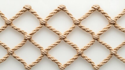 A close-up image of a beige rope net with diamond-shaped patterns against a plain white background.