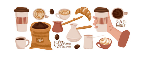 Coffee drink set. Coffee House lettering, coffee mug, cups, beans. Cartoon Vector set for coffee company, shop, cafe. Illustration coffee for logo, add, promotion, marketing, banner