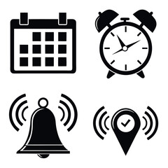 Collection of four black icons representing calendar alarm bell and location marker with checkmark
