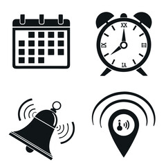 Collection of four black icons representing calendar alarm bell and location with signal