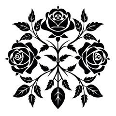Elegant black rose floral design with leaves and swirling stems