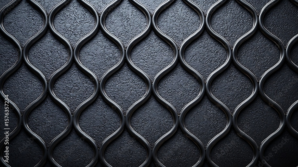 Poster close-up of a textured black metal surface with a repeating, wave-shaped grid pattern, creating a sl