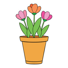 Colorful spring flowers in a pot, blooming brightly with pink, yellow, and purple petals, fresh green leaves, and vibrant energy, bringing cheerful spring vibes indoors.
