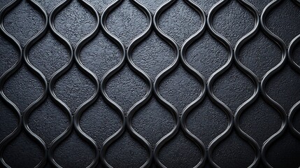Close-up of a textured black metal surface with a repeating, wave-shaped grid pattern, creating a sleek and industrial look.