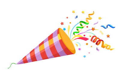 Holiday popper striped cone, firecracker with confetti. Isolated cartoon vector vibrant birthday party shooters burst of joy, releasing festive ribbons to celebrate carnival or special occasion
