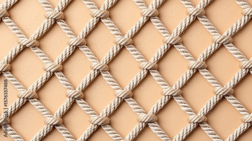 Poster a close-up view of a beige rope net with diamond-shaped knots forming a geometric pattern against a 