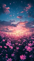 Dreamy Sky with Flowers Field Under Starry Night