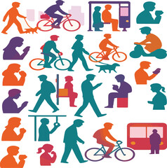 Naklejka premium Urban Commuting & City Life Icon Set — Walking, Cycling, Public Transport Silhouettes