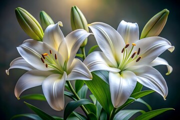 Naklejka premium Two elegant white lilies bloom with delicate petals and green leaves