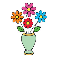 A clear vase filled with colorful flowers in full bloom, showcasing vibrant reds, yellows, and pinks with lush green leaves, adding freshness and beauty to any space.
