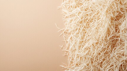 Light beige wood shavings scattered densely on the right side against a smooth pale peach background.