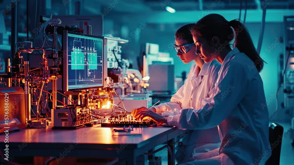 Aufkleber timelapse research engineers conducting experiments in a lab with advanced technology, timelapse res