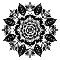 Intricate black and white floral mandala design with leaves and buds