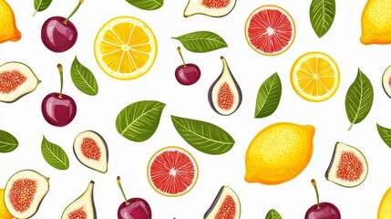 Obraz premium Vibrant fruit pattern featuring lemons, cherries, figs, and citrus slices on a clean white background.