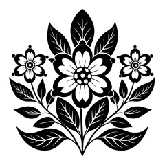 Black and white floral design with symmetrical flowers and leaves