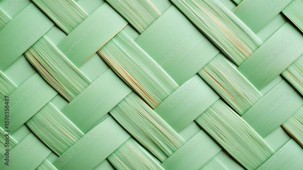 Aufkleber close-up of a textured green woven pattern made from natural fibers, creating an intricate and symme