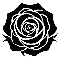 Stylized black and white rose silhouette with swirling petals and thorns