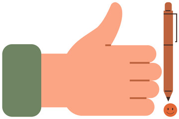 Hand showing thumbs-up next to pen and happy face emphasizing approval, positivity, writing, success, motivation, reviews, team feedback. Ideal for branding, teamwork optimism simple flat metaphor