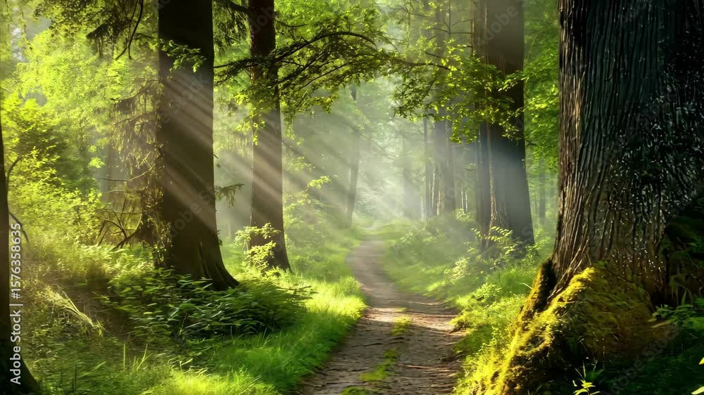 Poster sunlight filters through trees illuminating a narrow path in a tranquil forest, sunlight filtering t
