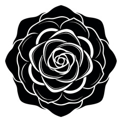 Stylized black rose silhouette with delicate white petal outlines on a white background