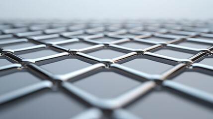 Close-up image of a metallic wire mesh grid with a blurred background, highlighting the pattern and reflective surface.