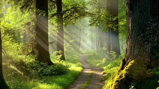 Sunlight filters through trees illuminating a narrow path in a tranquil forest, Sunlight filtering through trees onto narrow path in lush green forest