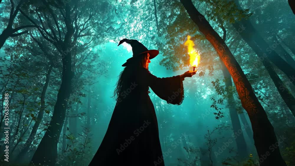 Poster witch with torch exploring enchanted forest in twilight, silhouette of witch with torch in enchanted