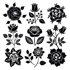 Collection of black and white rose silhouettes with leaves and berries