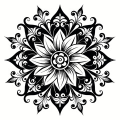 Intricate black floral mandala design with swirls and leaves