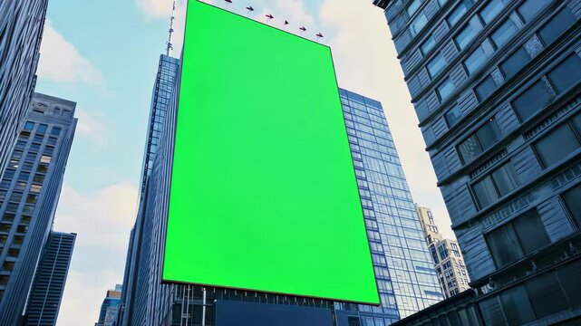 Green screen displayed on skyscraper facade in New York for creative advertising and media purposes, Green screen on side of a skyscraper in New York with tracking markers 3D render