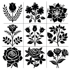 Collection of nine black and white floral silhouettes and designs