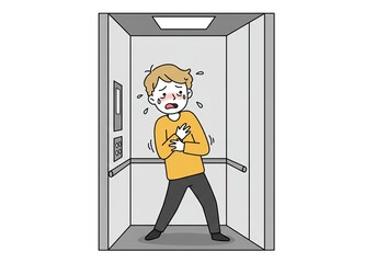 Cartoon Illustration of Man Experiencing Claustrophobia or Panic Attack in an Elevator - A hand-drawn style cartoon depicting a light-skinned man with an anxious expression.