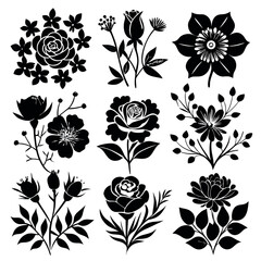Collection of black and white floral silhouettes isolated on white background