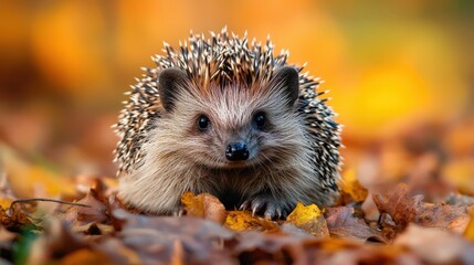 Fototapeta premium Adorable hedgehog nestled amongst autumn leaves.