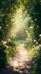 Obraz premium Walking the Floral Path Sunlit Path Through Green Tunnel