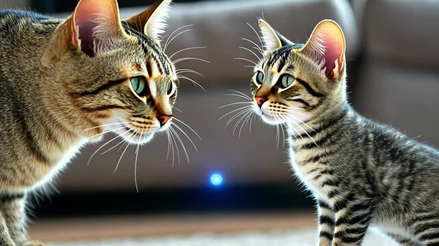 Small cat enthusiastically chases laser pointer while big cat watches in cozy living room setting, Small cat chasing laser pointer around big cat