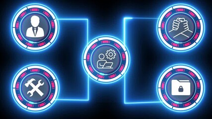 Asset management tech animation. Financial planning, investment strategies. Digital business concept multiple digital icons and light spot against computer server room - Powered by Adobe