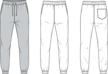 Unisex sweatpants technical fashion flat sketch, front and back views, blank joggers with elastic cuffs and drawstring waist, vector template for apparel design. © Arman Creatives
