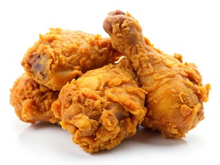 A pile of crispy golden brown fried chicken pieces, including a drumstick, isolated on a white background